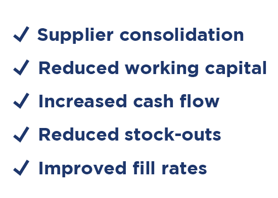 Supplier consolidation, reduced working capital, increased cash flow, reduced stock-outs, improved fill rates